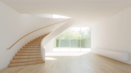 Obraz premium A large, white staircase leads up to a large, empty room with a window