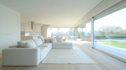 A large white living room with a white couch and a white rug