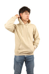 Youth man wearing blank hoodie on white background, closeup. Sand color hoodie. Mockup for design,...