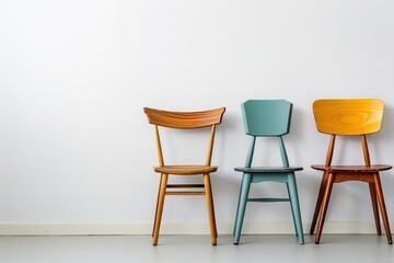 Minimalist interior with three colorful chairs against white wal