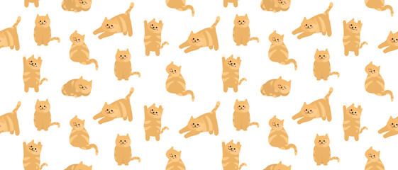 Seamless cute pattern with ginger cats. Kids pattern isolated on changeable white background for print wrapper paper, fabric. Flat style cats ornament in horizontal format. Nice animals character.