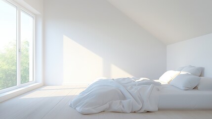 A white bedroom with a large window and a white bed