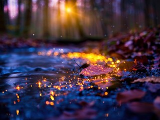 Enchanting Forest Stream with Glowing Leaves and Magical Light at Sunset
