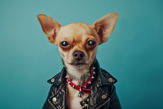 Funny tough punk chihuahua in a leather jacket, heavy metal dog on blue background