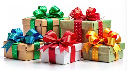 Christmas gift boxes with colorful ribbons and bows on white background, Christmas, gift, boxes, ribbons, bows