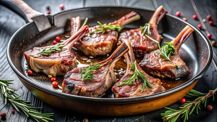 Close-up of succulent cast iron lamb chops sizzling on a hot skillet , lamb, chops, cast iron, cooking, sizzling, searing, skillet