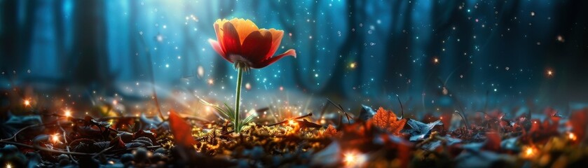 Obraz premium Enchanting Forest Flower Illuminated by Magical Light with Sparkling Fireflies in a Mystical Woodland