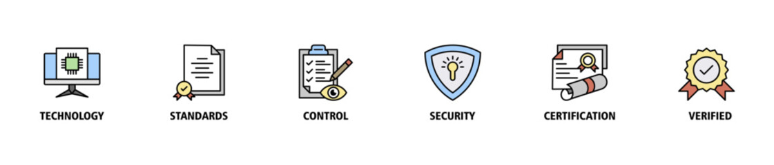 ISO27001 banner web icon set vector illustration concept for information security management system (ISMS) with an icon of technology, standards, control, security, certification, and verified