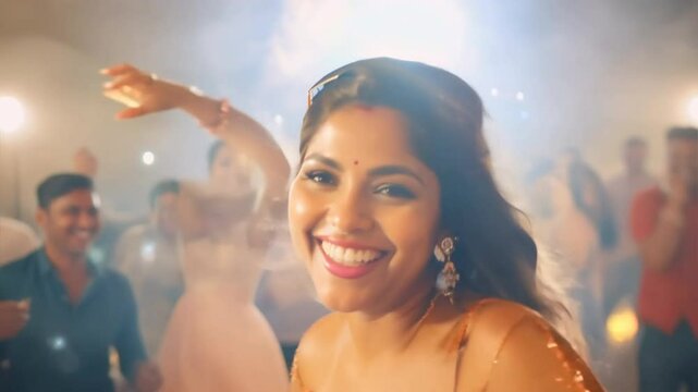 A woman dancing with joy and abandon in a circle of friends at a vibrant celebration gathering.