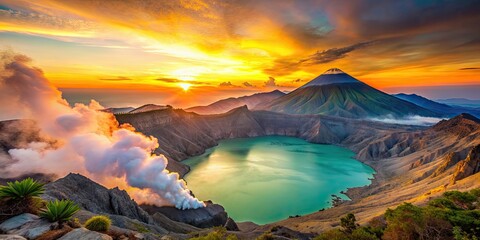 Naklejka premium Beautiful sunrise over Kawah Ijen volcano with lush trees in Java, Indonesia, volcano, Kawah Ijen, Java, Indonesia, trees