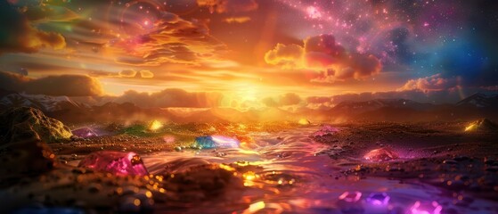 Fototapeta premium Stunning Sunset Over a Fantasy Landscape with Colorful Crystals and a Starry Sky