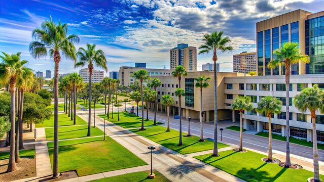 College campus overlooking palm trees and modern buildings , SDSU, San Diego, California, university, education, school