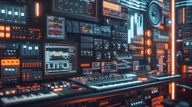 An intricate digital workspace filled with floating windows of various VST plugins, each showcasing different virtual instruments and audio effects, all set against a high-tech background