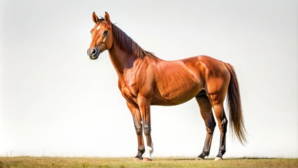Obraz premium Brown horse standing alone on isolated white background, horse, brown, isolated, animal, mammal, equine, nature, wild