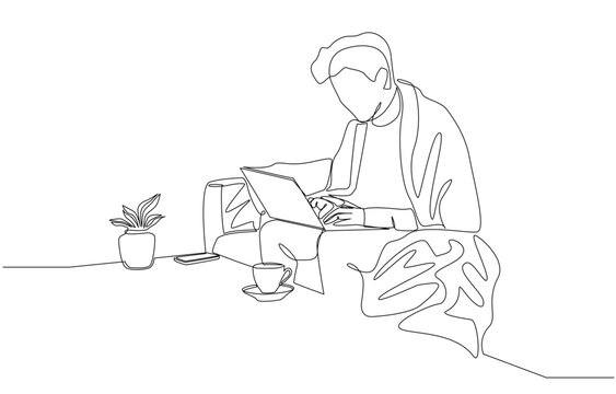 recommend clip art: Continuous one line drawing of man working with laptop on sofa, workaholic, urgent work, working late concept, single line art.
