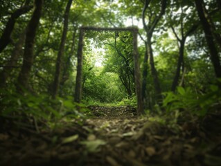 Fototapeta premium Enchanting Forest Pathway Framed by Natural Wooden Archway in Lush Greenery
