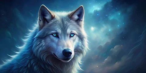 Blue-eyed wolf with a mystical and elegant gaze, wolf, blue, eyes, magical, sophisticated, mystical, wild, animal © Sujid