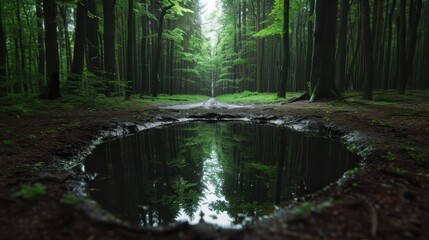 Obraz premium Serene Forest Path with Reflective Pond Surrounded by Lush Green Trees and Tranquil Atmosphere