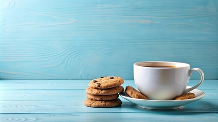 Coffee cup with cookies on light blue background , Panoramic, flat lay, food photography, coffee, cup, cookies
