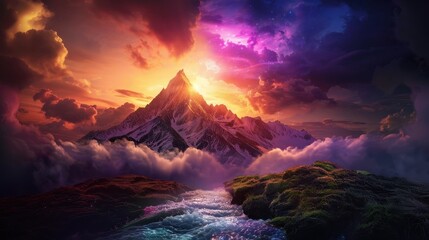 Fototapeta premium Majestic Mountain Peak at Sunset with Dramatic Clouds and Flowing Stream in a Dreamlike Landscape