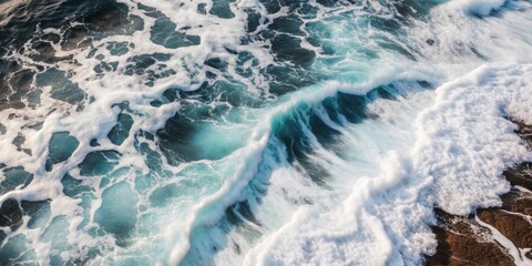 Fototapeta premium Aerial photo from above from drone of stunning beautiful sea landscape beach with turquoise water with copy space for your text. Sea water with waves.
