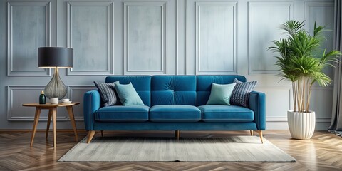 Blue sofa and decor in a living room setting on background, blue, sofa, decor, living room, interior design, background