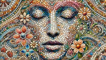 A detailed and focused image of a mosaic face with intricate floral patterns blending into the background.