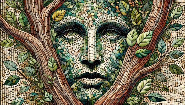 A detailed and focused image of a mosaic face emerging from a tree trunk, with leaves and natural elements incorporated into the design.