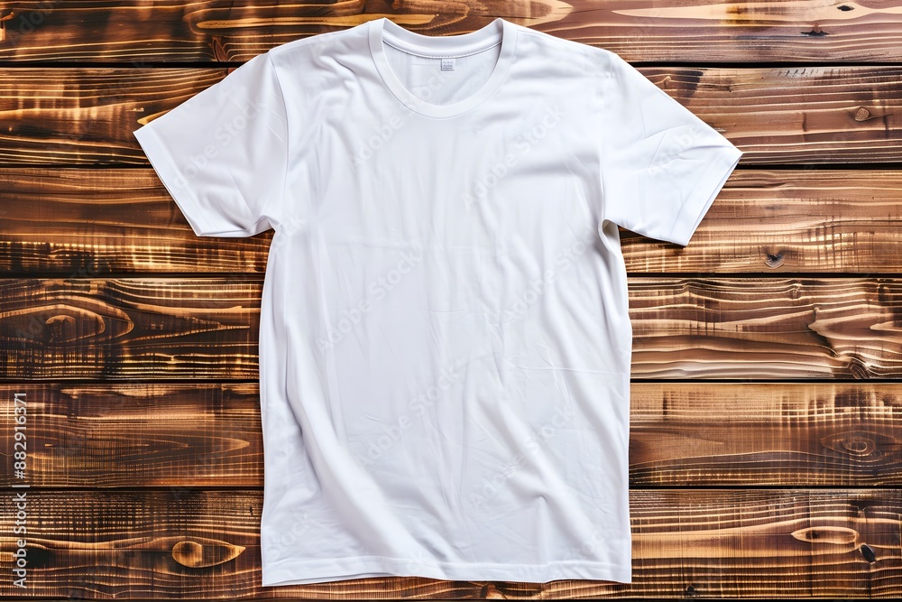 Sticker white t-shirt mockup on wooden background