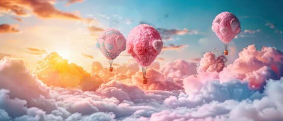 Dreamy Hot Air Balloons Floating Amongst Cotton Candy Clouds at Sunset