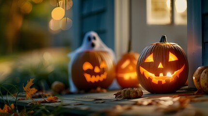 Fototapeta premium Halloween Spirit: Front Porch Adorned with Carved Pumpkins and Eerie Ghosts, Festive and Spooky Decor for Halloween Porch Vibes