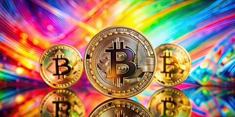 Bitcoins displayed on a colorful abstract graphics background, digital currency, cryptocurrency, blockchain, finance