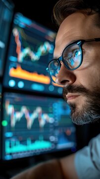 Focused stock trader analyzing market trends on multiple screens in a dark room for investment strategies and financial decisions.