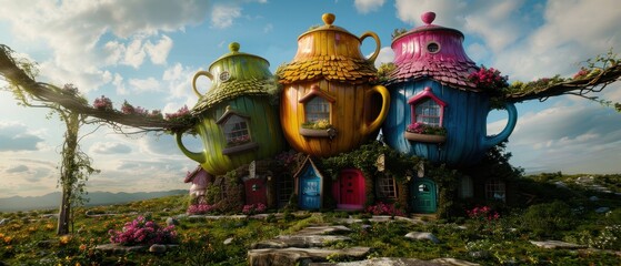 Fototapeta premium Whimsical Teapot Houses in a Fantasy Landscape with Colorful Doors and Lush Greenery