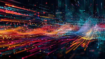 Fototapeta premium MIDI Messages: An abstract representation of MIDI data packets, including Note On, Note Off, Control Change, and Program Change, visualized as colorful data streams conveying musical performance infor