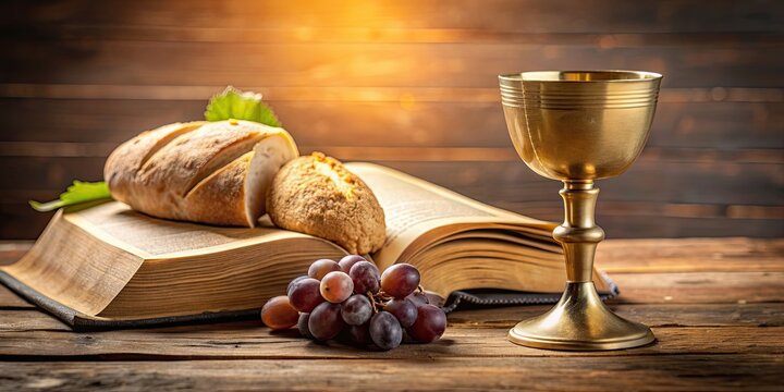 Close up of communion elements with Holy Bible on a wooden table, communion, Lord Supper, bread, wine, Christian