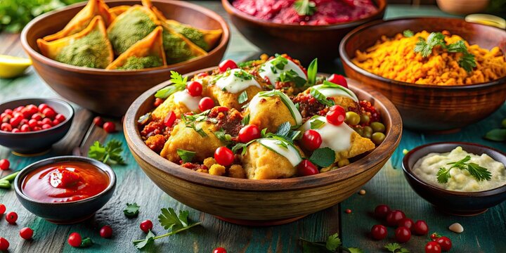 Colorful bowl of spicy and tangy Indian chaat with samosas, puris, chutneys, yogurt, and spices, Indian, street food, chaat
