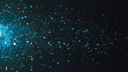Colorful animation of bright particles flying horizontally. Dynamic particles randomly float in slow motion in space. Shimmering sparkling particles. Real colored particles in the air. 3d vector illus
