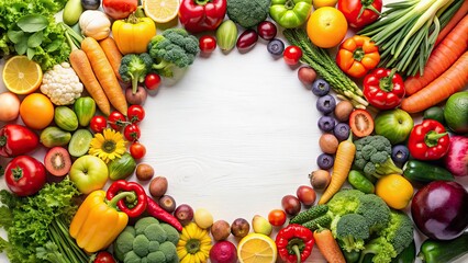Circle diagram of various vegetarian fruits and vegetables, promoting a flatly nutrition diet, healthy, food