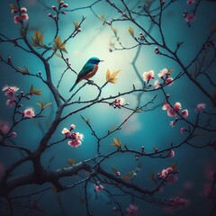 A solitary colorful bird perched on a bare tree branch with flowers around the tree
