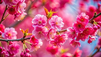 Close up of vibrant red Japanese cherry blossom flowers, spring, nature, beauty, bloom, petals, sakura, delicate