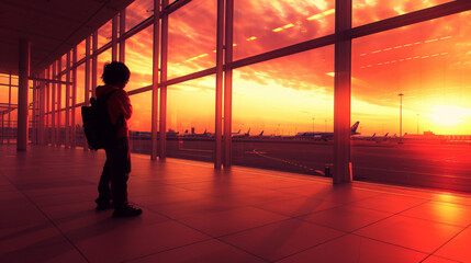 Fototapeta premium He is wearing a backpack and he is waiting for a flight