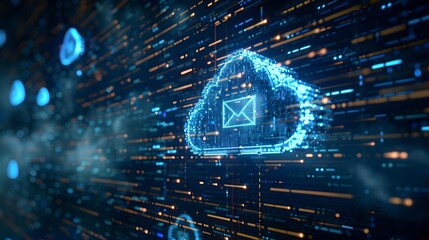 Email Icon with Cloud Against Digital Storage Background Symbolizing Cloud Based Email Services