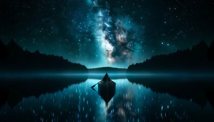 A nighttime scene featuring a canoe on a starlit pond with the Milky Way reflecting in the water.