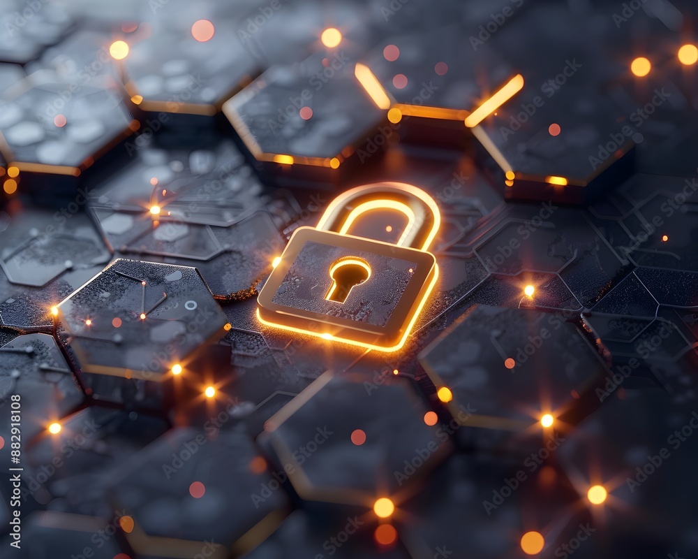 Poster secure digital network represented by padlock icon in honeycomb pattern