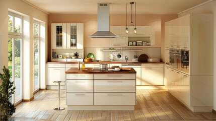 Modern, light-coloured kitchen design with kitchen island and wood worktop, beige wall