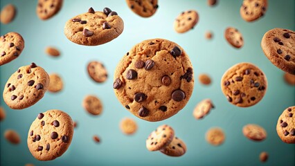 Chocolate chip cookies floating in the air, chocolate chip, cookies, sweet, dessert, baking, delicious, snack, flying, levitation