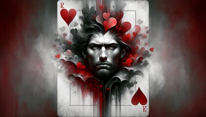A king of hearts card portrayed with a deeply emotional, almost sorrowful male face, blending into the heart shapes with rich reds and shadowy greys.