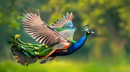 Obraz premium A peacock in flight, wings spread wide with vibrant colors against blurred green backdrop of nature.
