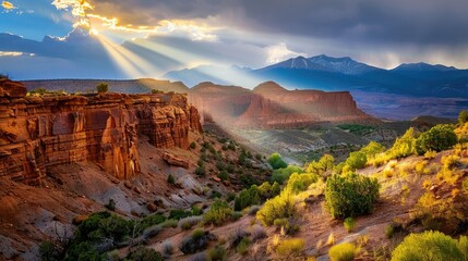 Dramatic sunset in a desert canyon with sunbeams breaking through clouds, illuminating the rugged landscape and lush vegetation.
